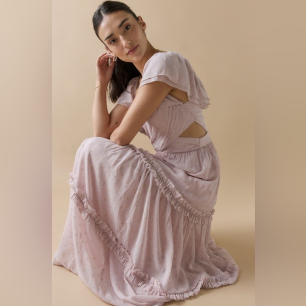New Francesca’s Velma Ruffle Tiered Wrapped Waist Elegant Lavender Maxi Dress